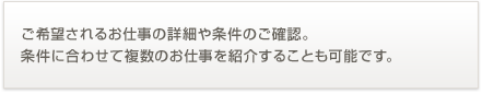 ご希望されるお仕事の詳細や条件のご確認。条件に合わせて複数のお仕事を紹介することも可能です。