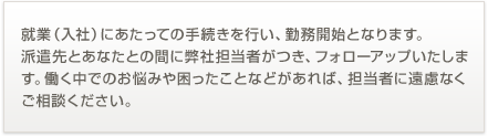 就業（入社）にあたっての手続きを行い、勤務開始となります。派遣先とあなたとの間に弊社担当者がつき、フォローアップいたします。働く中でのお悩みや困ったことなどがあれば、担当者に遠慮なくご相談ください。